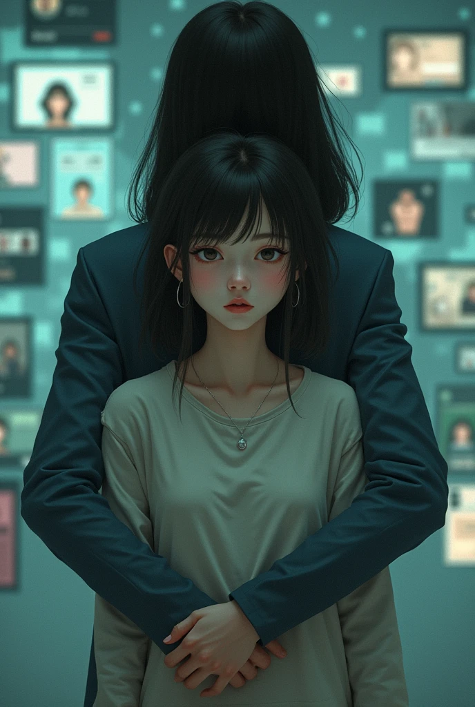 
a girl who's forbidden to talk, as someone's holding her from behind but there is social media, through which she's expressing her emotions