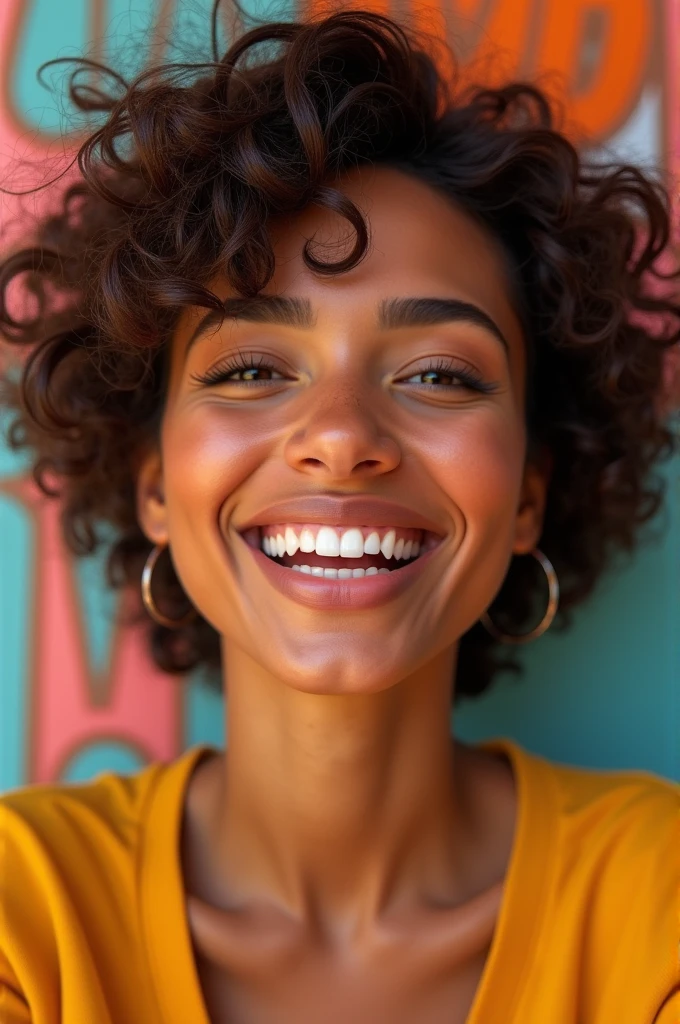 Woman short curly hair brown skin happy face
