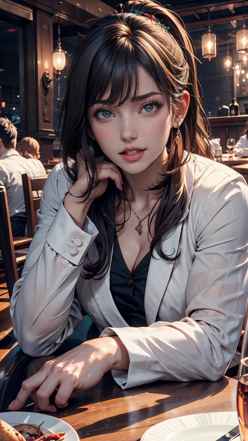 Girl with short ponytail wearing formal suit lying on restaurant table,  Clear Eyes, Perfect body,  (Looking down at the viewer:0.8), (Pure Eros Face_v1:0.2), Removable sleeves, Open your mouth, bangs, One person, Glowing Skin, (masterpiece;1.0), (Realistic:1.4), (Sharp focus:1.2), 