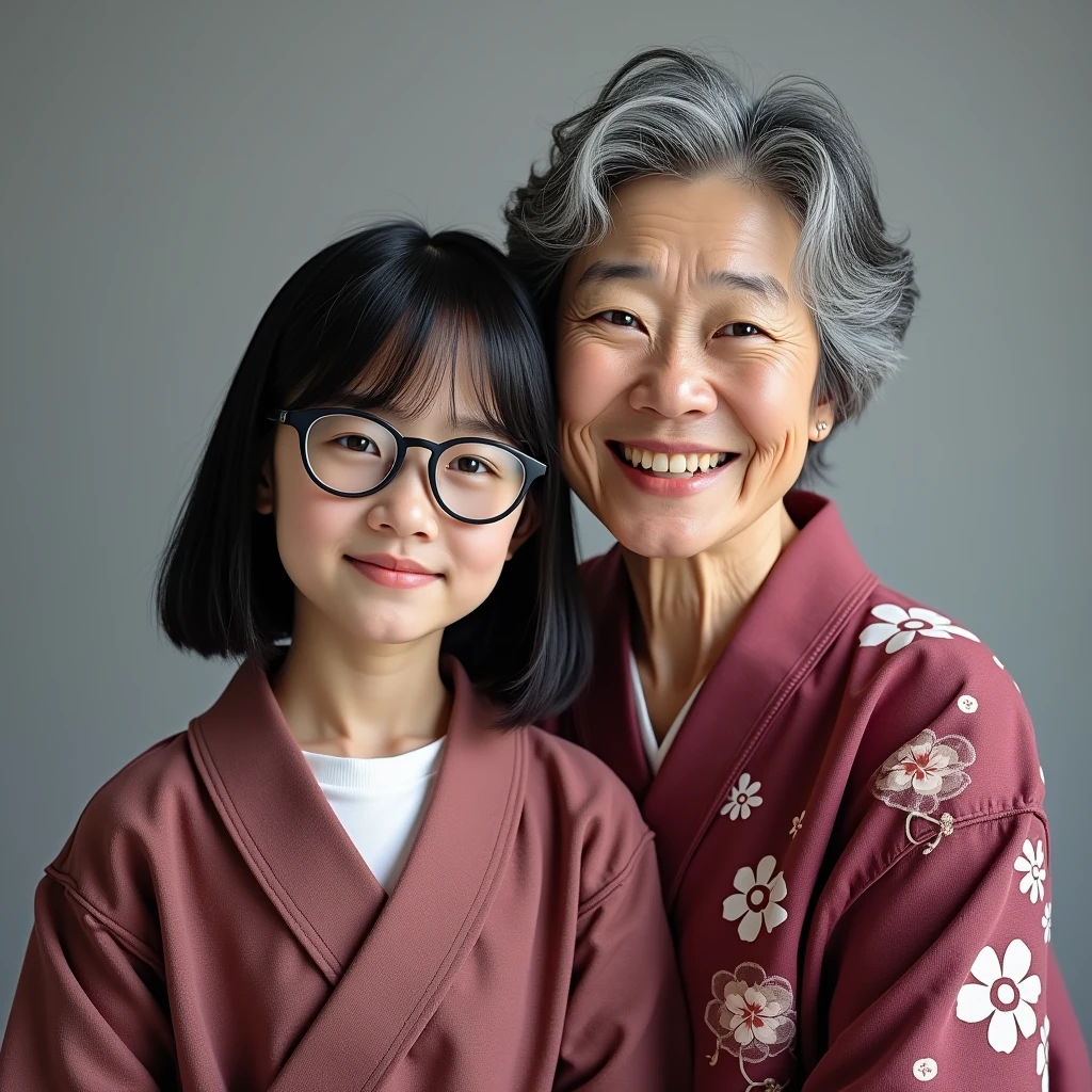 photorealisic portrait taken at studio, family photo shows a lady of 50-yo, together with her granddaughter of age 16, asian female, both sitting close. they are having different figures: "the lady has round face, nice smile, medium-grey short curly hair, wearing burgundy-red floral pattern yakuta dress"; "the young granddaughter is age of 16, is a post-secondary school student , wears high school uniform, one length black hair, wear black-framed glasses", in flat grey background