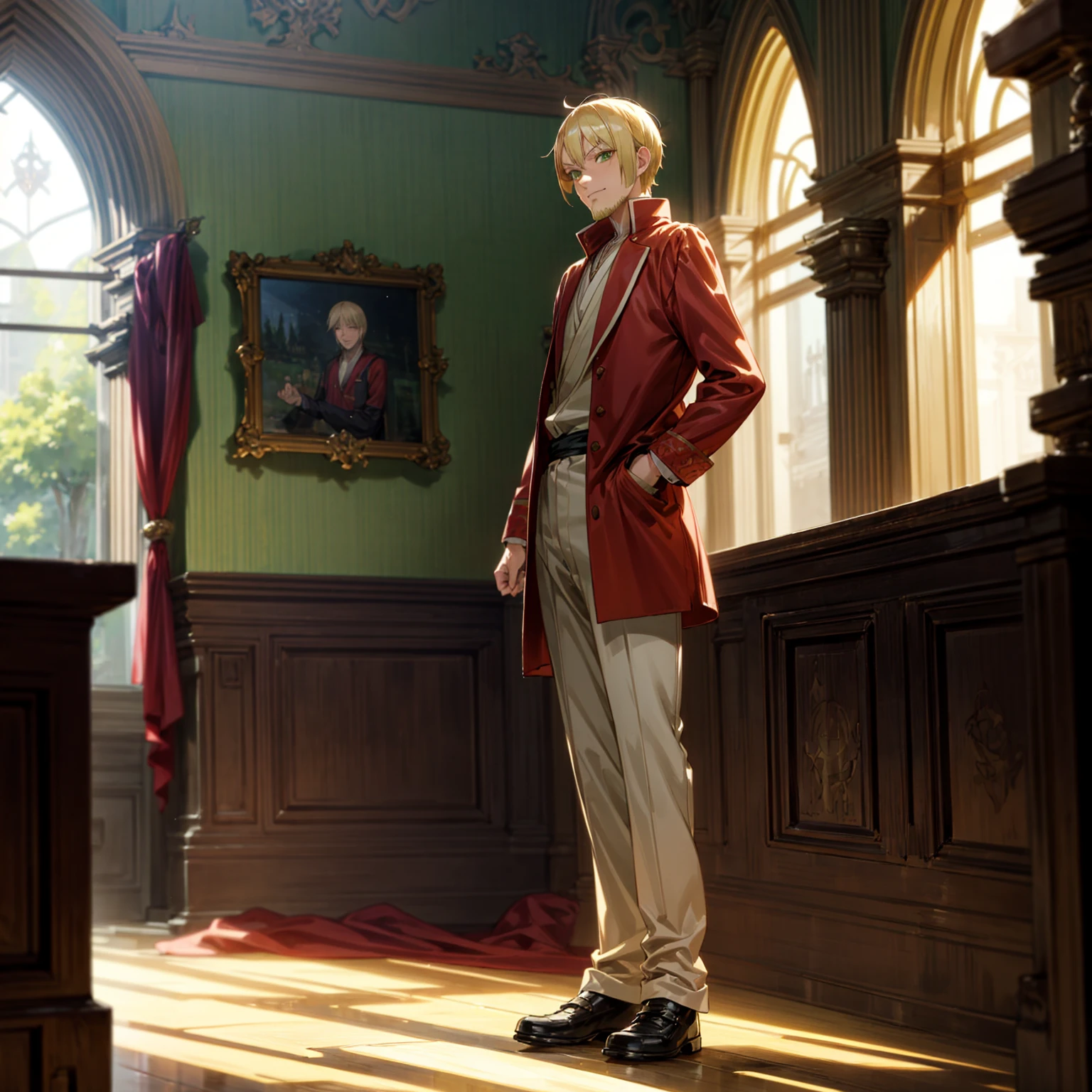 Solo character, full body version, old man, thin beard, green eyes, blonde color hair, short bob hair, royal king outfit, red Coat, shoes, indoor, Castle, light sun, morning, standing gesture, detailed background, detailed clothing, detailed hair, happy eyes, (food wars style art, Bleach style art)