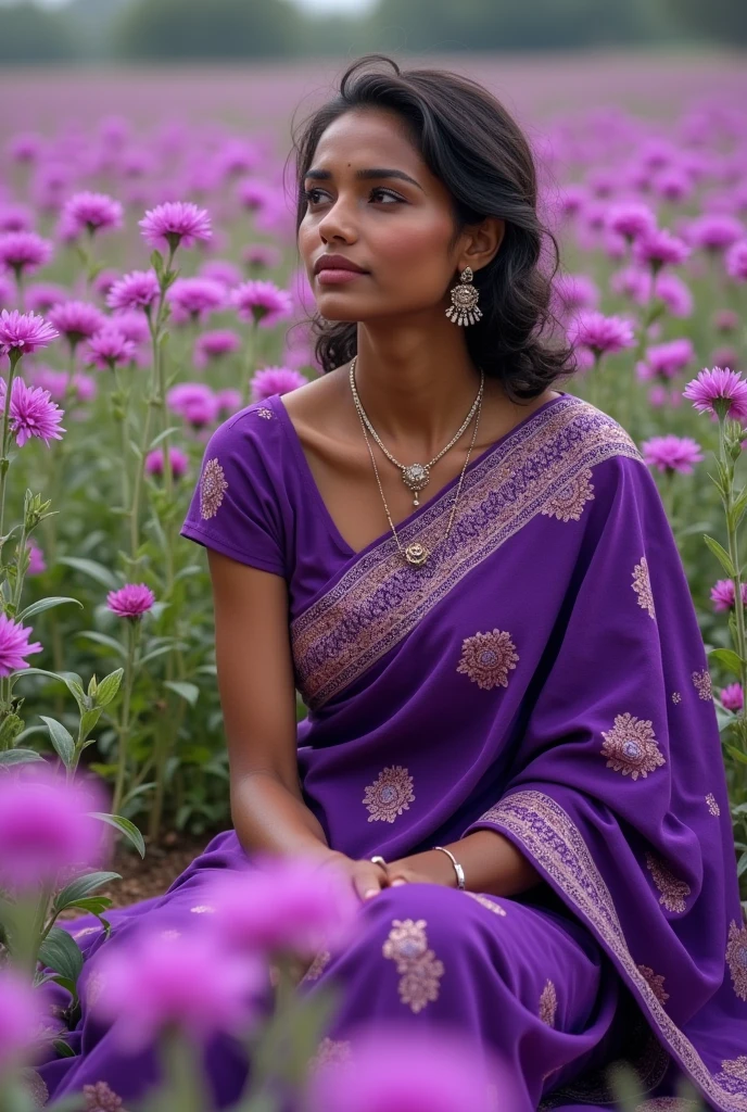 beautiful field with flowers, many flowers with purple shade. there in the flowers sits a woman of Indian origin, slightly dark-skinned in a purple beautiful sari. gorgeous beautiful saree
