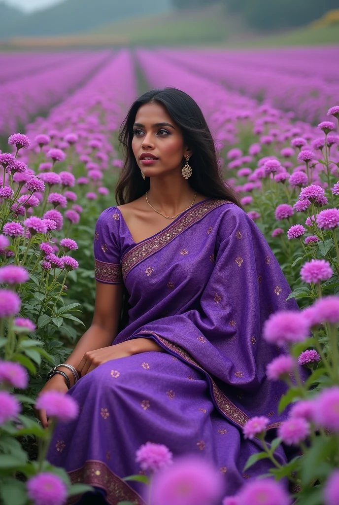 beautiful field with flowers, many flowers with purple shade. there in the flowers sits a woman of Indian origin, slightly dark-skinned in a purple beautiful sari. gorgeous beautiful saree