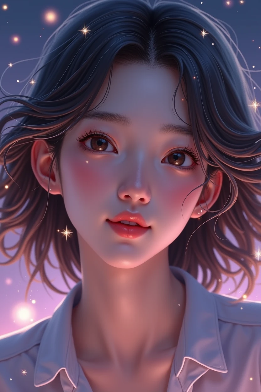 A portrait shot of A real realistic young woman with korean features. Very long, silky, blonde hair,. gentle, warm smile, nurturing aura. The background is pastel purple/ dark blue with stars