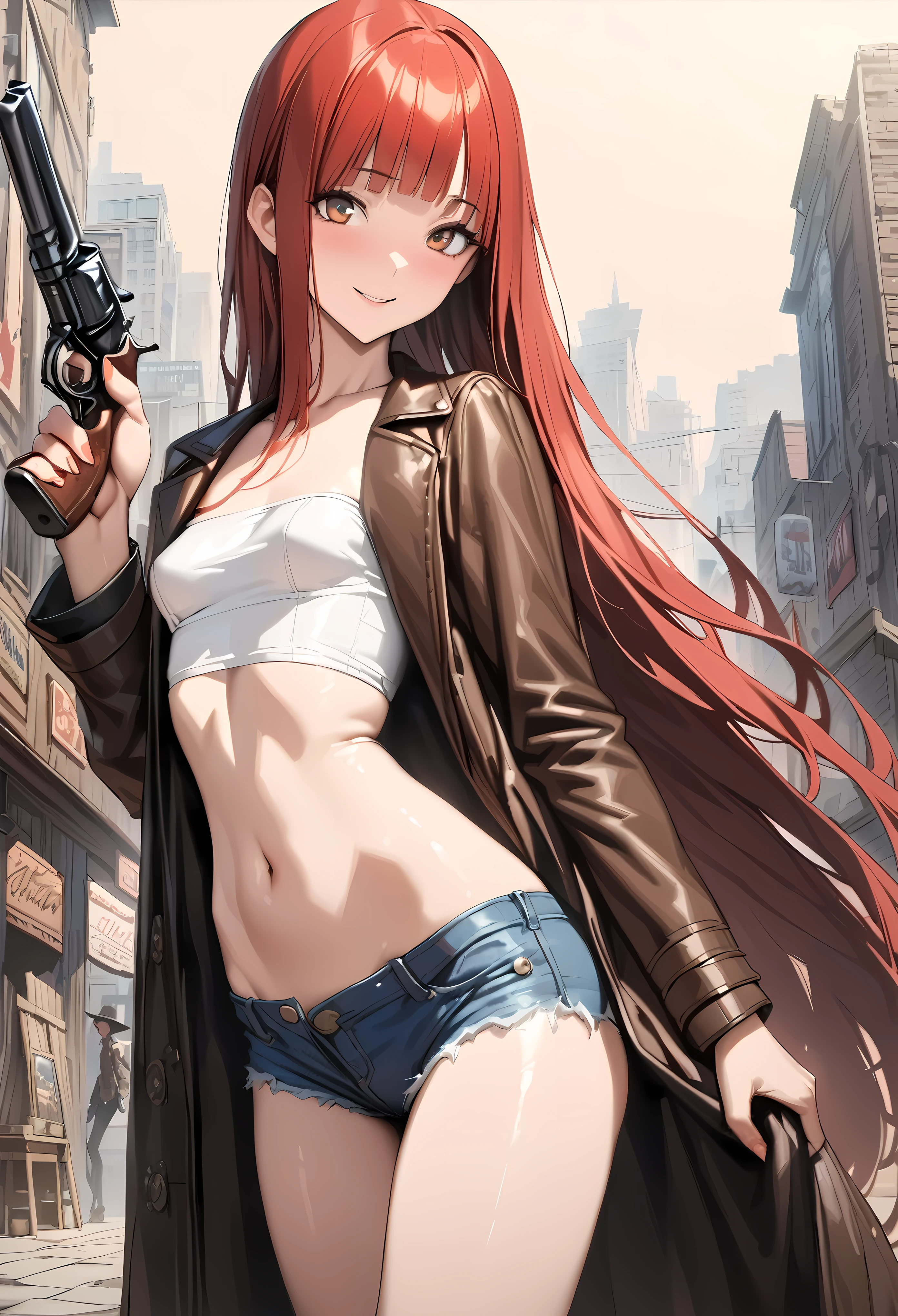 ((masterpiece,best quality anime,Highest quality:1.3)),realistic,cowboy shot,(25 year old beauty), gunslinger ,1woman,solo,((very small head:1.4)),((very long body:1.3)),red hair,bangs,straight long hair,gorgeous big eyes,brown eyes,smile,Heavy breathing、(Black long coat),Wearing a white tube top shirt under the coat,navel、(denim micro shorts、black_thighhighs),((slender body:1.3,skinny)),small breasts,gleaming skin,shiny skin,sweat:1.3,Holding a gun in hand,revolver、smoke of gunpowder、Western cityscape、The World of Westerns、