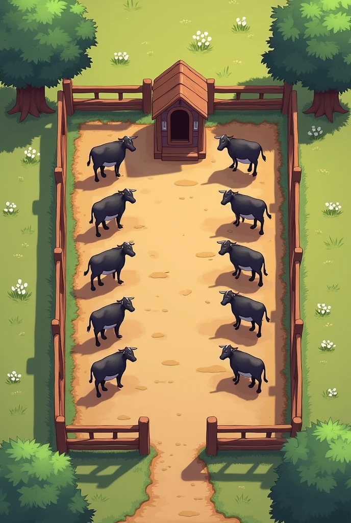 Single Line Arrangement: Place all 10 cows in one line. This will require a longer but narrower area.Two-Row Arrangement: Place 5 cows in one row and the other 5 in a parallel row. This will create a more compact space, possibly easier for management.Worker Shed:Attach a small shed or room on one side of the cattle space. This can be a simple 300 sq ft area that includes basic faci
lities for two workers.