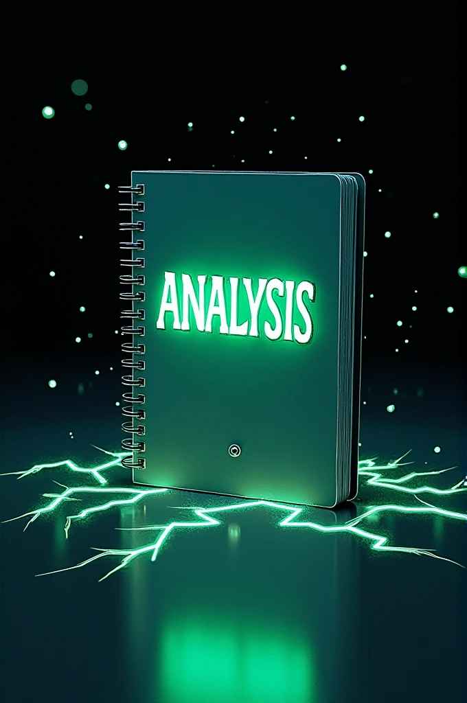 black background center of the image sketch of a notebook binaries center of the notebook large letters .
" phrase in the center of the screen analyze low systems development" 
  bottom center of notebook lightning green lights and sparks .tilt the notebook at 15 angles.  bring the notebook screen closer.