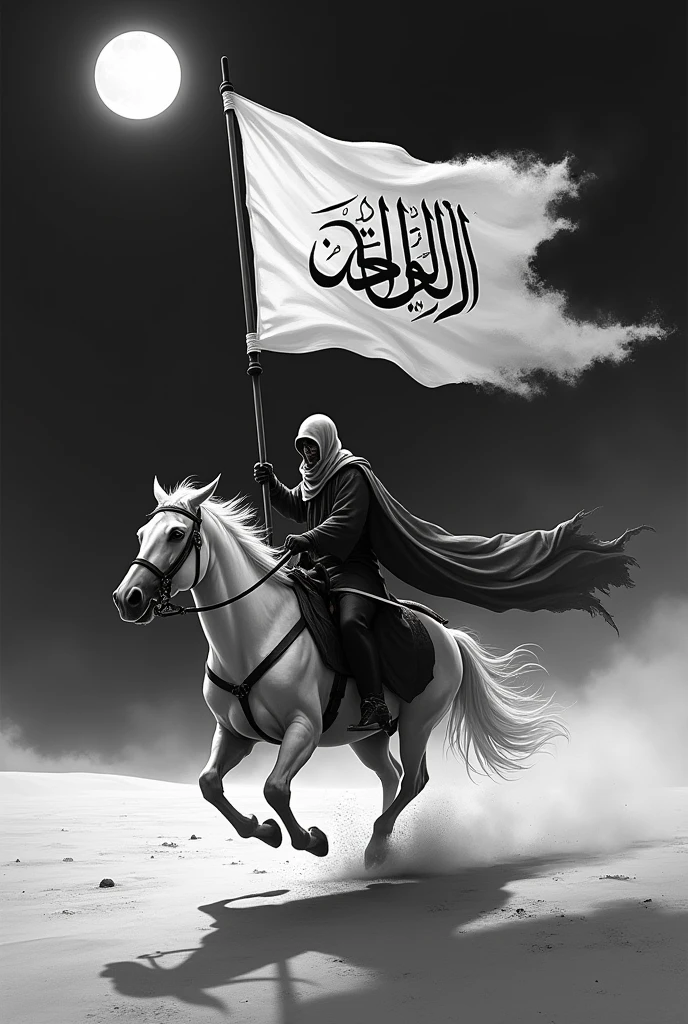 Jihad on running horse with white flag written LA ILAHA ILLALLAH MUHAMMADUR RASULULLAH IN ARABIC In Arabic on it also one arm with sword on desert and darkness like nightand view should from side and face hidden long clothes 
Try to make it with black and white combination 
Dark theme