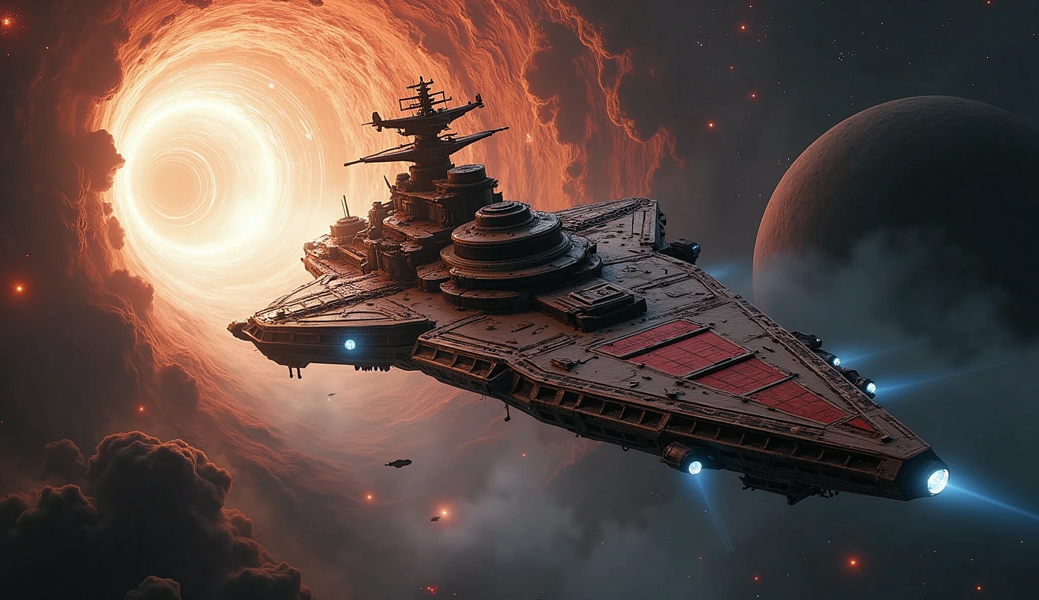 epic starship battlecruiser exiting a wormhole, fully battle ready, sci-fi