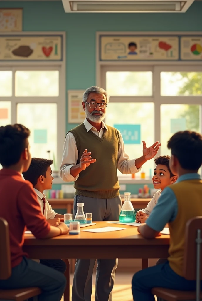 A male Indian school teacher teaching practical 