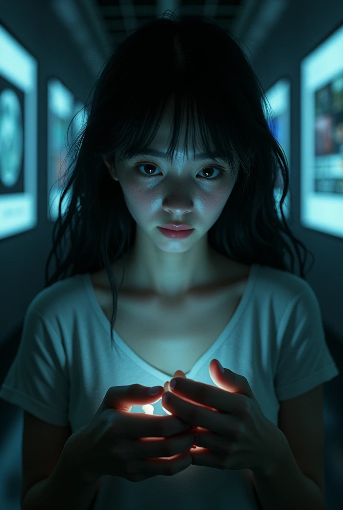 
a girl who's forbidden to talk, as someone's holding her from behind but there is social media, through which she's expressing her emotions