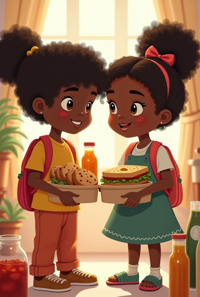 A Day in the Life of Hansel and Gretel"
context: Hansel and Gretel are siblings who live in a house where the family is trying to adopt healthier eating habits... today, their mother is a little busy, and they need to make some food decisions on their own. One of them is wearing pants and the other is wearing a dress. Eles são negros.
Parte 2: O Lanche da Escola
a) A mãe coloca biscoitos recheados e um suco de caixinha na lancheira.b) Ela prepara um sanduíche natural com pão integral e suco de fruta natural.