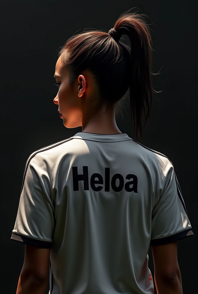 I want my name printed on the back of the shirt. My name is Heloa. In the background, the soccer field is black. I have darker skin. I have brown hair. I am . I wear my hair tied in a ponytail. I am 1.,60 tall