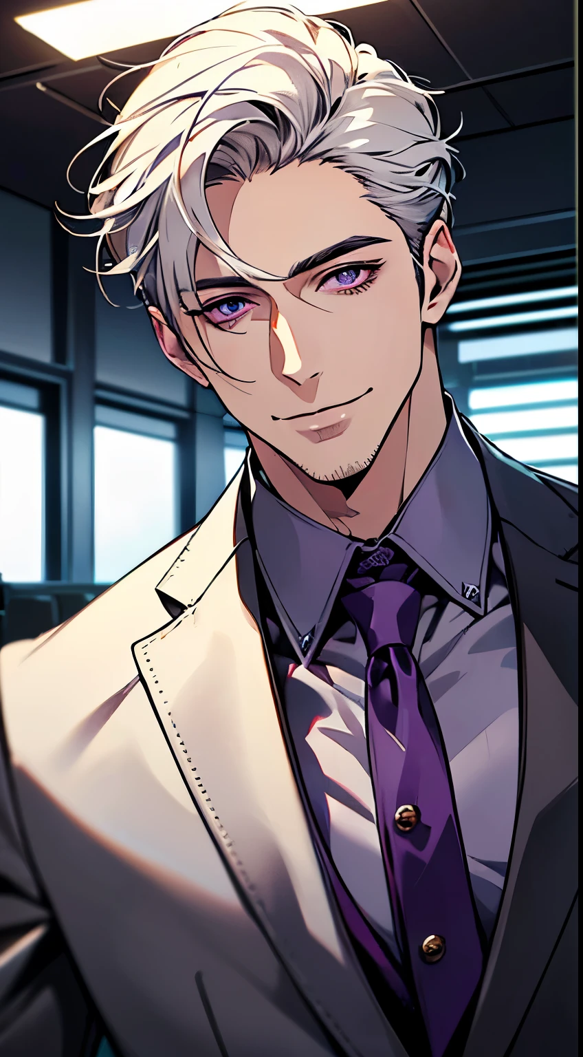 (best quality, masterpiece, 8K, photorealistic, cinematic lighting, hdr image, ultra detailed, beautiful image), 1 man, 31 years old, mature man, very handsome, (without expression, smile), short white hair, purple eyes ( penetrating gaze), perfect face without errors, imposing posture, without errors, businessman, office background