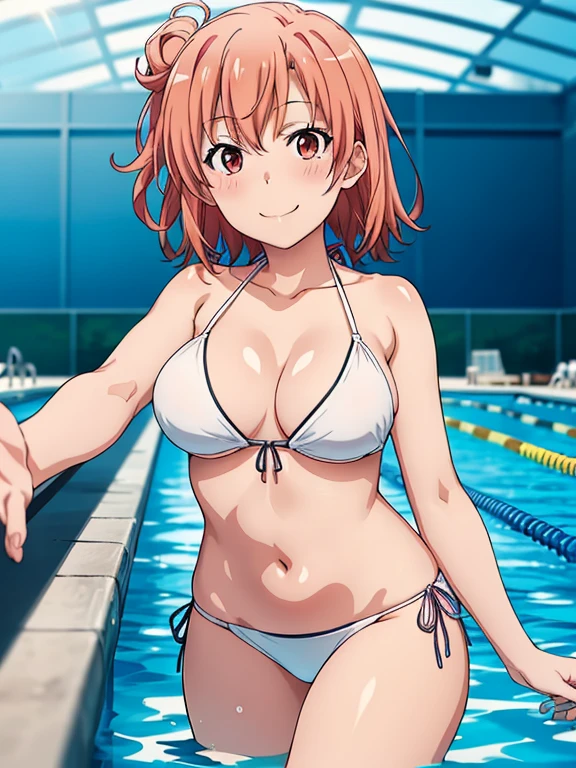 ((masutepiece, Best Quality, hight resolution, nffsw, Perfect Pixel, depth of fields, 4K, )), 1girl in, Solo, , Beautiful anime girl, Beautiful Art Style, 
very low view angle:1.3, view from below:1.5, swimming:1.3, pool,
Perfect body, smile face:1.5 shot from below:1.4, white bikini:1.3,
Yuigahama Yui, long hair, large breasts,
Full face blush, red face, 
straight on:1.3, medium shot