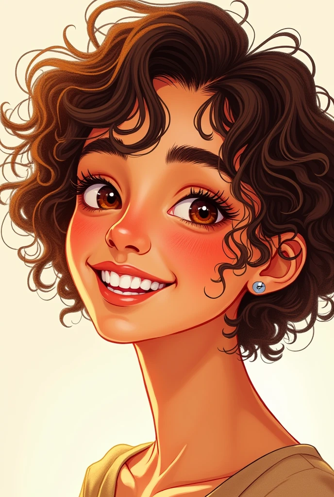 Woman short curly hair brown skin happy face drawing