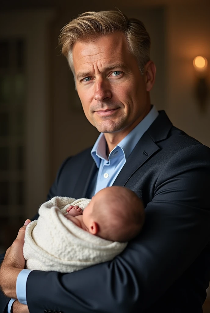a handsome man, a governor in his forties, blond and blue-eyed, manly face, serious expression, wearing a suit and dress pants, with a baby in her arms. Full-body image. perfects eyes. handsome man cute baby, perfects eyes 