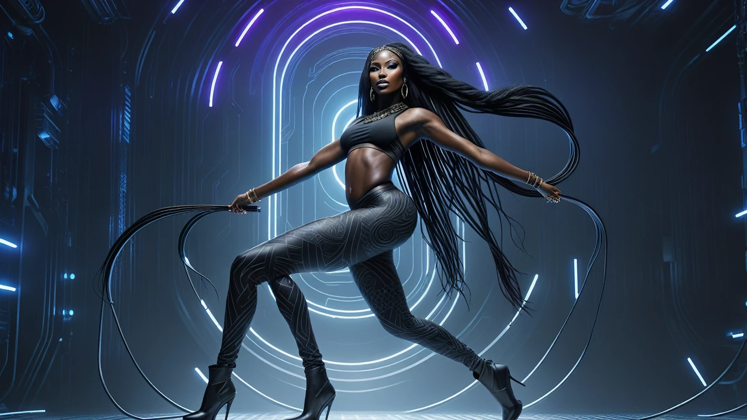 (((Full body: 1.5))), ((dark-skinned beautiful African woman: 1.7)) with very long black hair, strong body, thick athletic body, cyberpunk background, Realistic, top quality picture, 4K, ultra HD |, ((master part))), (((best quality))), ((ultra detail)),(Highly detailed CG illustration), Cinematic light, camera: Choose an angle that highlights the beauty of the character. resolution: Aim for a high-resolution artwork to showcase intricate details and clarity