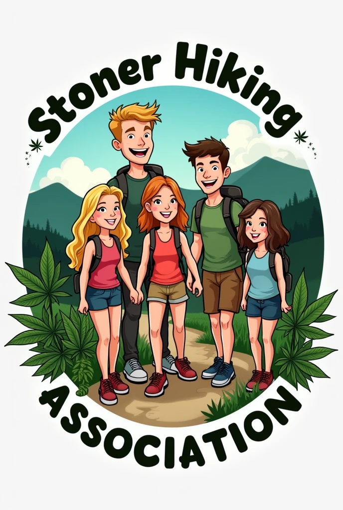 Round Logo for: Hiking club that smokes weed, with name "Stoner Hiking Association" around it, please include more weed, can you make it cartoony (young adult group of 5: two blond girls, a really tall and buff blond guy, a medium tall blond guy and a shorter brunette guy) and cool , fix spelling