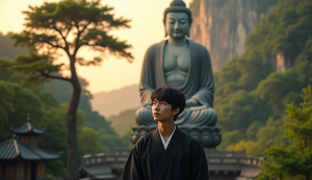 A young Japanese man in a black kimono is smiling in front of a giant Buddha statue,Stony, texture, expensive, Majestic, Inverted Image, The background is illuminated by sunlight., Towering Tree, Beautiful composition, A masterpiece, detailed, High resolution excited, Photo of your face, With lush natural scenery as a background, with a natural look, With a slightly tired look, tilt your face a little, Diagonal orientation, Average face