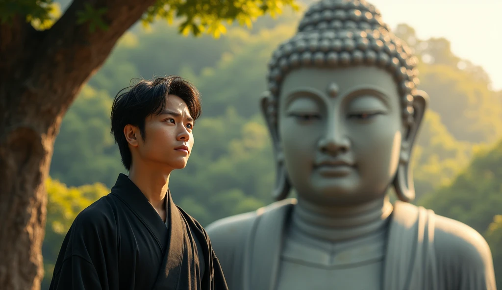 A young Japanese man in a black kimono is smiling in front of a giant Buddha statue,Stony, texture, expensive, Majestic, Inverted Image, The background is illuminated by sunlight., Towering Tree, Beautiful composition, A masterpiece, detailed, High resolution excited, Photo of your face, With lush natural scenery as a background, with a natural look, With a slightly tired look, tilt your face a little, Diagonal orientation, Average face