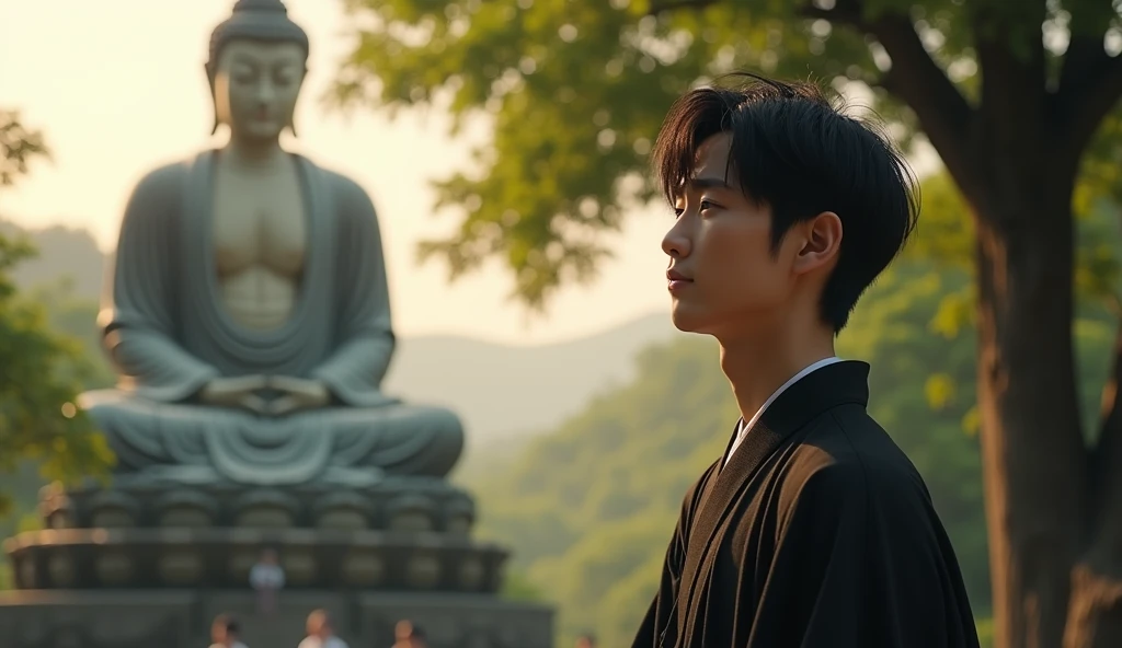 A young Japanese man in a black kimono is smiling in front of a giant Buddha statue,Stony, texture, expensive, Majestic, Inverted Image, The background is illuminated by sunlight., Towering Tree, Beautiful composition, A masterpiece, detailed, High resolution excited, Photo of your face, With lush natural scenery as a background, with a natural look, With a slightly tired look, tilt your face a little, Diagonal orientation, Average face