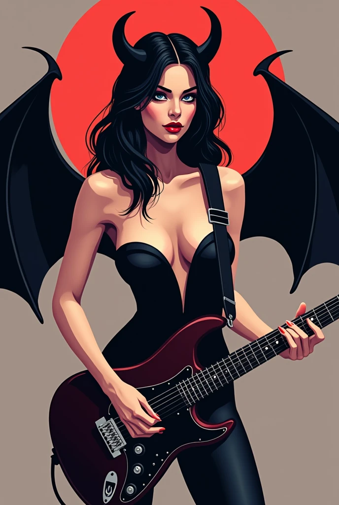 flat vector logo of a sexy Succubus with large wings and a tail. She is holding a dark red fender telecaster. She is wearing black elegantly laced lingery and stockings