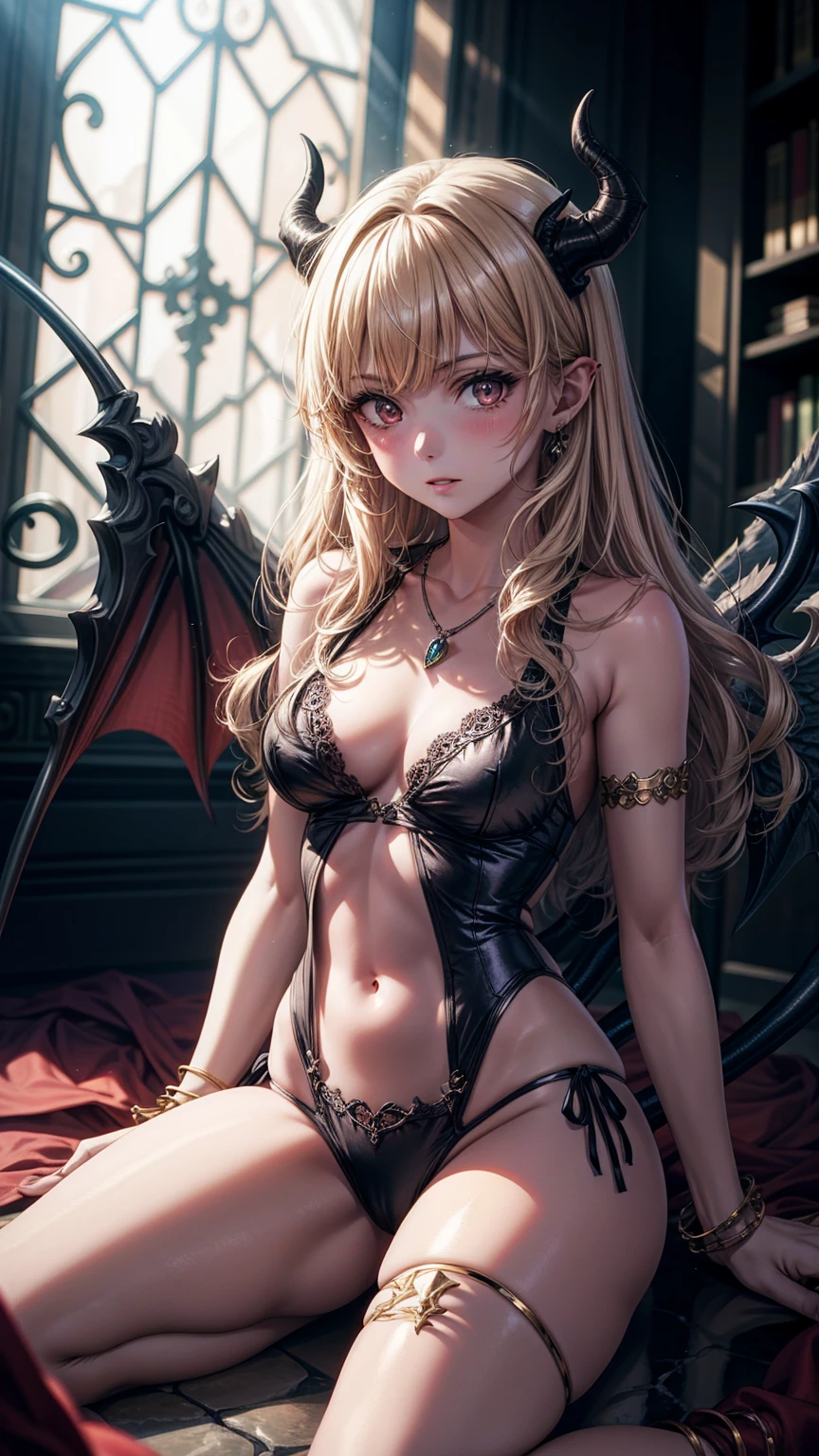 masterpiece, best quality, high resolution, 1 Demon Girl, Delicate face, blush, Anime CG style, (Medium breasts), (18 year old girl), Good lighting, Perfect body, Scythe of Death，（（With demon wings）），（（Has a demon tail））,（（Devil horns）） necklace, Jewelry, 