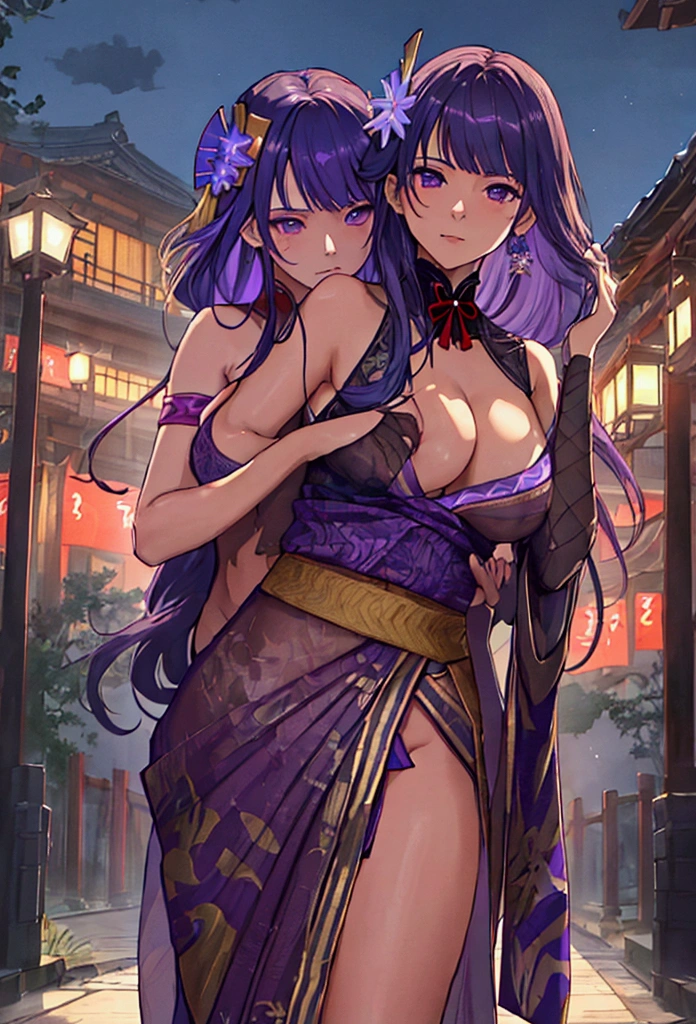 High quality, masterpiece,raiden shogun,saree,purple saree,transparent saree,sleeveless blouse,hands up armpits showing, small boobs,yae miko touching her boobs from behind,4k,realistic anime,public road,multiple naked girls in public