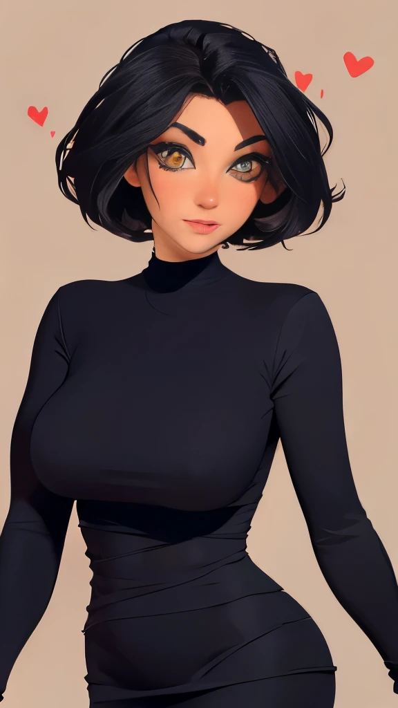 1girl, mature, black hair, borwn eyes, large breasts:1, heart-patterned dress, simple background,