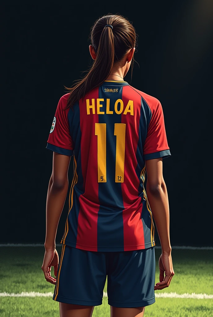 I want my name printed on the back of the shirt. My name is Heloa. In the background, the soccer field is black. I have darker skin. I have brown hair. I am . I wear my hair tied in a ponytail. I am 1.,60 tall with number 11 on the shirt 