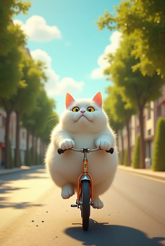 Fat white cat riding a bicycle on a long street, with the sunny sky
