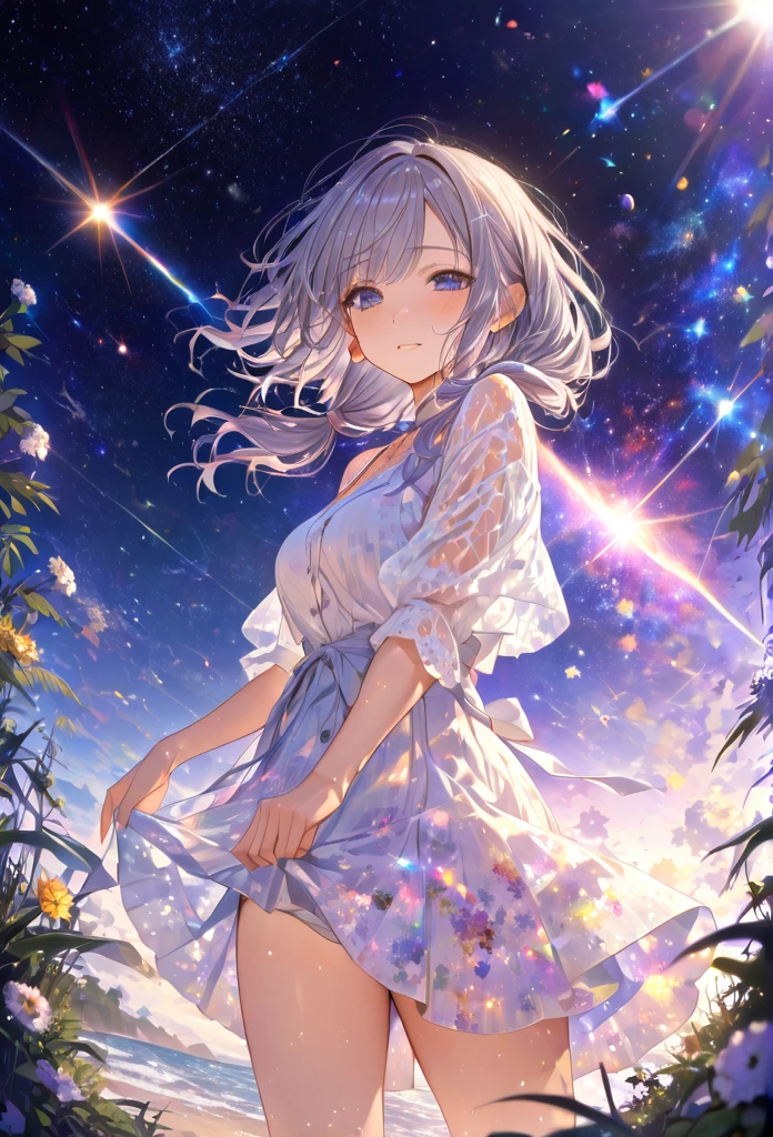 Highest quality　masterpiece　High resolution　masterpieceグレーアイズ　Low Twintails、casual summer outfit　、flowerpunk、universe、Sparkling light particles、Vivid gradient effect