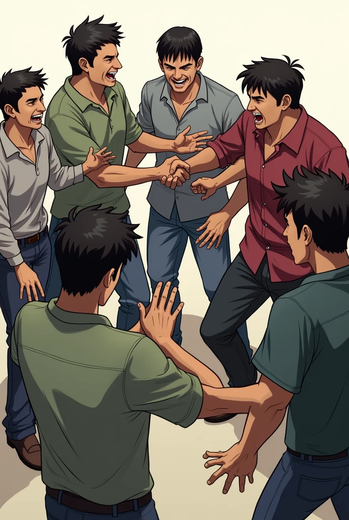  in a gray shirt with short black hair laughing shaking hands with a green shirt with black hair white brunette with an angry face with a big nose fighting to death  