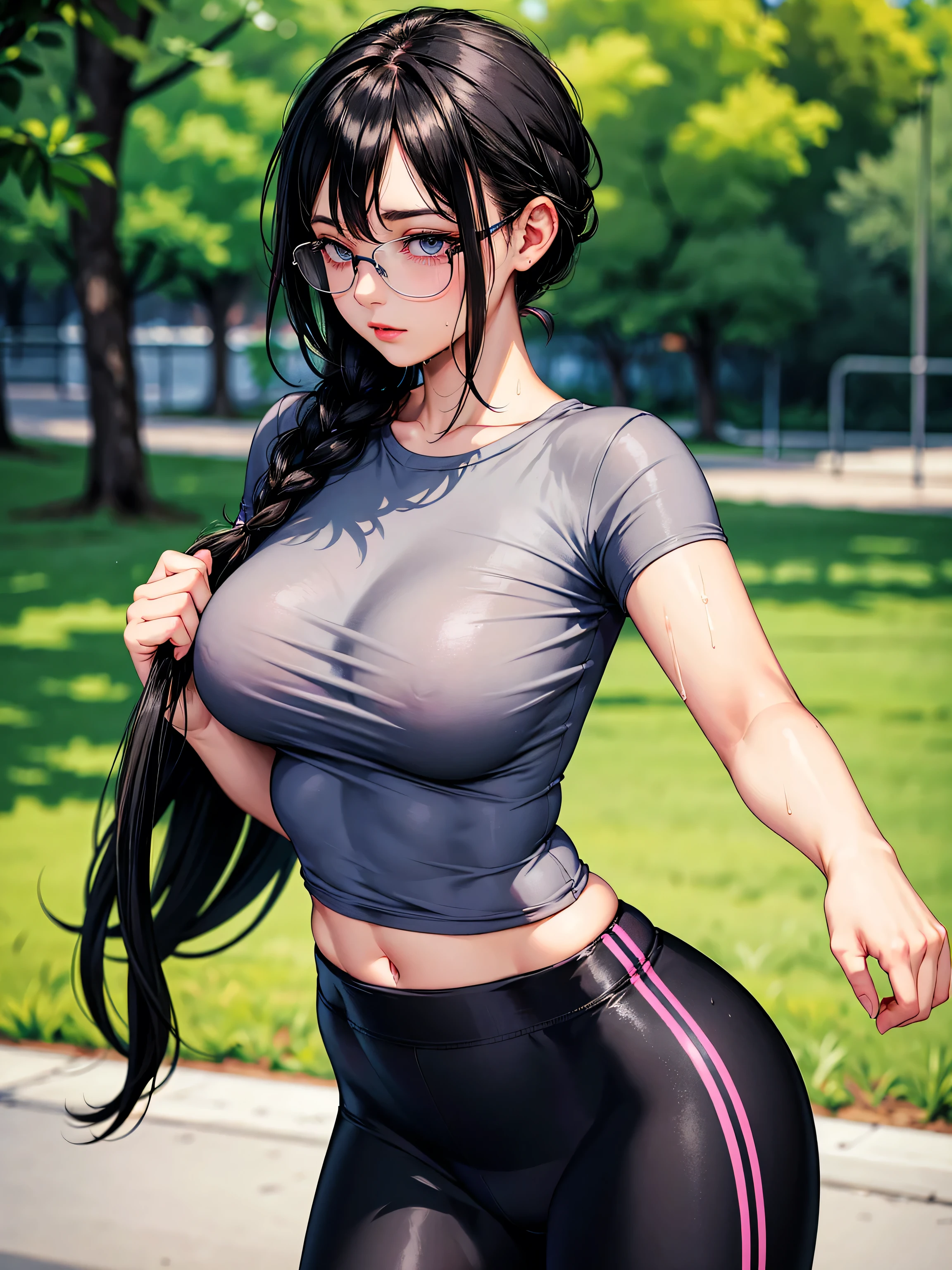 (Name: Hannah Darson, 30 Year Old), Fit girl Hairstyle, Tight Grey T-Shirt, Workout Leggings, wet Sweaty Clothes, Pretty Beautiful, Perfect Eyes, Glasses, In A park, Black Hair