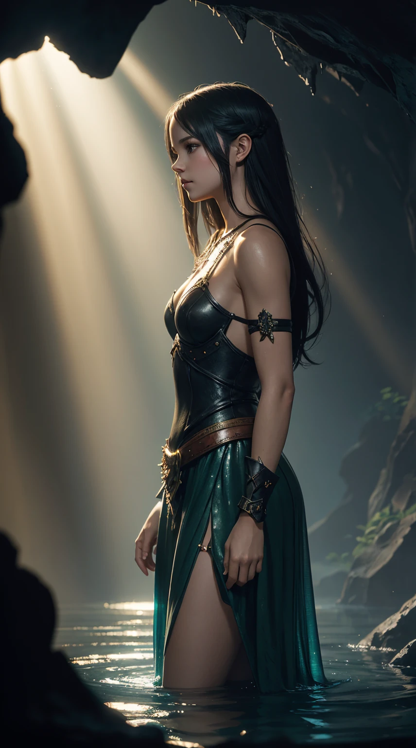 Britt Robertson, fantasy warrior princess, green fishscale dress, leather straps, fishnets, sexy clothes, character portrait, 3 9 9 0 s, long hair, dark hair, short girl, rounded figure.
intricate, elegant, highly detailed, digital painting, artstation, concept art, smooth, sharp focus, illustration, backlit, silhouette. side light, sexy pose, side angle.
standing in a dark cave with god rays lighting. Standing in water in a pool of light. Head back, looking to sky. Back arched.
art by wlop, charlie bowater and alexandra fomina
strong vignette, warm colours, high saturation