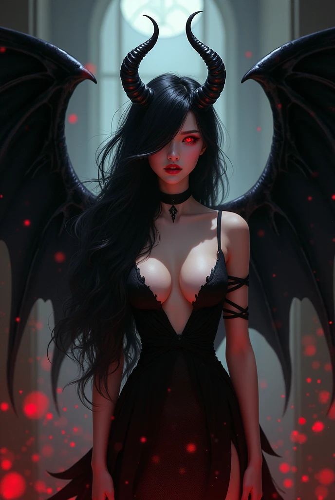 Demon, black wings, black hair, red eye, beautiful, masterpiece, provocative dress, dark atmosphere, Antiquity, Anime Style
