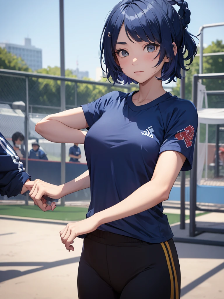 (Xiangling), 1woman, as an athlete, wearing a sports t-shirt and pants, at a playground, (dark blue colour hair), 8k, high detailed, high quality