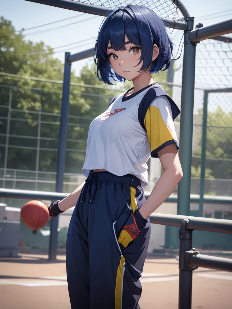 (Xiangling), 1woman, as an athlete, wearing a sports t-shirt and pants, at a playground, (dark blue colour hair), 8k, high detailed, high quality