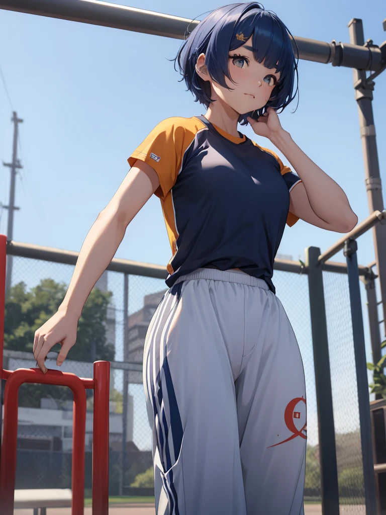 (Xiangling), 1woman, as an athlete, wearing a sports t-shirt and pants, at a playground, (dark blue colour hair), 8k, high detailed, high quality