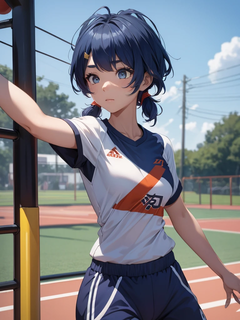 (Xiangling), 1woman, as an athlete, wearing a sports t-shirt and pants, at a playground, (dark blue colour hair), 8k, high detailed, high quality