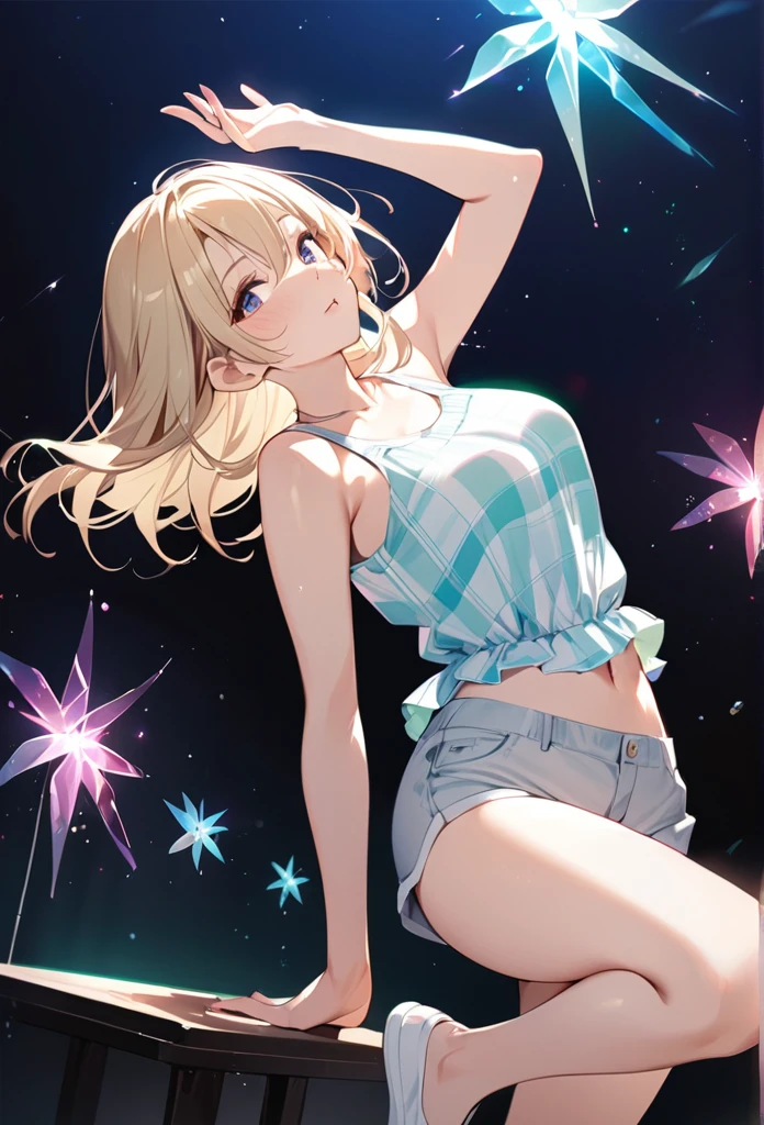 ((masterpiece)),(((Highest quality))),Thin thighs,Long legs,whole body:1.5,(One Girl:1.3),(More beautiful casual summer outfits:1.3),(Wearing light casual clothes:1.2),Short Blonde:1.2、Model pose,Gravure idol、
、flowerpunk、Sparkling light particles、Vivid gradient effect