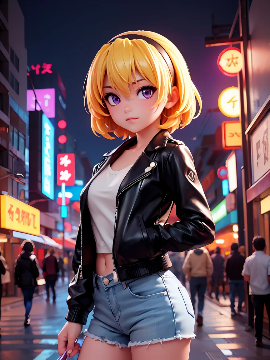 (Houjou_Satoko), Black Leather Jacket, All, City of night, Neon Light, cool, stylish, Cowboy Shot, 1 female, (Yellow Hair), blonde, Purple eyes, short hair, hair band, Small breasts, 