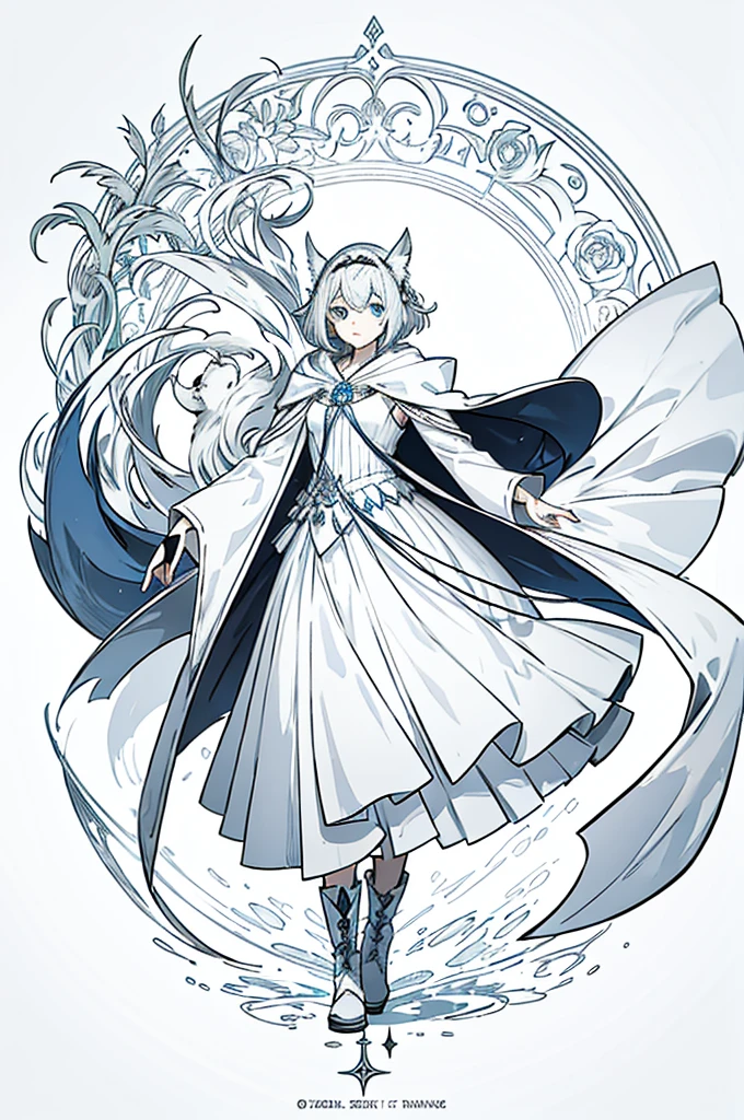 Gray and white shoulder-length short hair,Girl,Blue Eyes,Elf ears,No headdress,No cat ears,Wear a magician's robe,cloak,hood,Long skirt,Boots,full-body shot,front Photo,No background