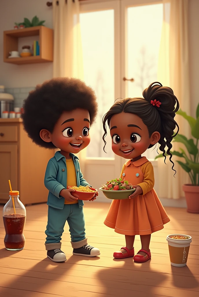 A Day in the Life of Hansel and Gretel"
context: Hansel and Gretel are siblings who live in a house where the family is trying to adopt healthier eating habits... today, their mother is a little busy, and they need to make some food decisions on their own. One of them is wearing pants and the other is wearing a dress. Eles são negros.
Parte 3: O Almoço
a) A família decide almoçar um macarrão instantâneo com refrigerante.
b) Eles fazem uma refeição caseira com arroz, feijão, carne grelhada e salada.