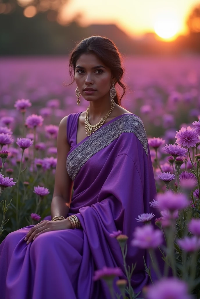 beautiful field with flowers, many flowers with purple shade. there in the flowers sits a woman of Indian origin, slightly dark-skinned in a purple beautiful sari. gorgeous beautiful saree it's a bit dark outside. the flowers are glowing and the sari is beautiful with silver tones 