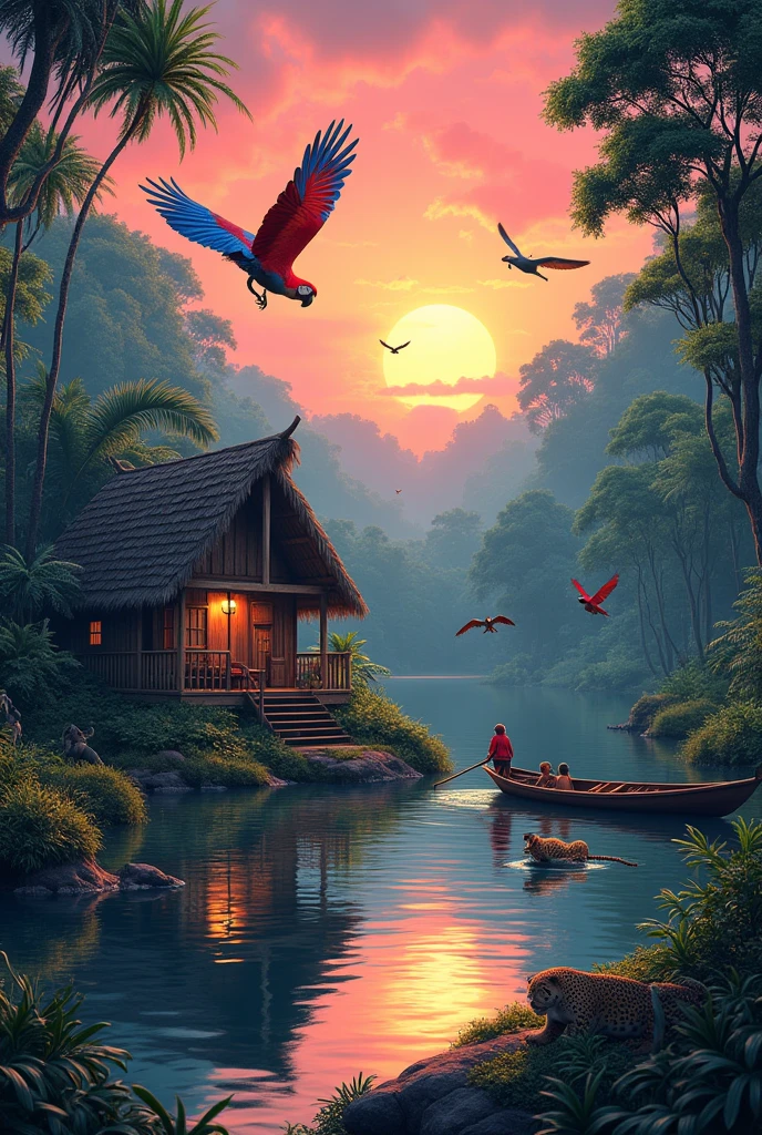Natural landscape with a wooden house on the riverbank with ANIMALS from the Amazon with a pinkish orange sunset and with a canoe and the image lying down with jaguars, red and blue macaws flying, monkeys, not only the ones I mentioned, also include other ANIMALS FROM THE AMAZONIAN FAUNA