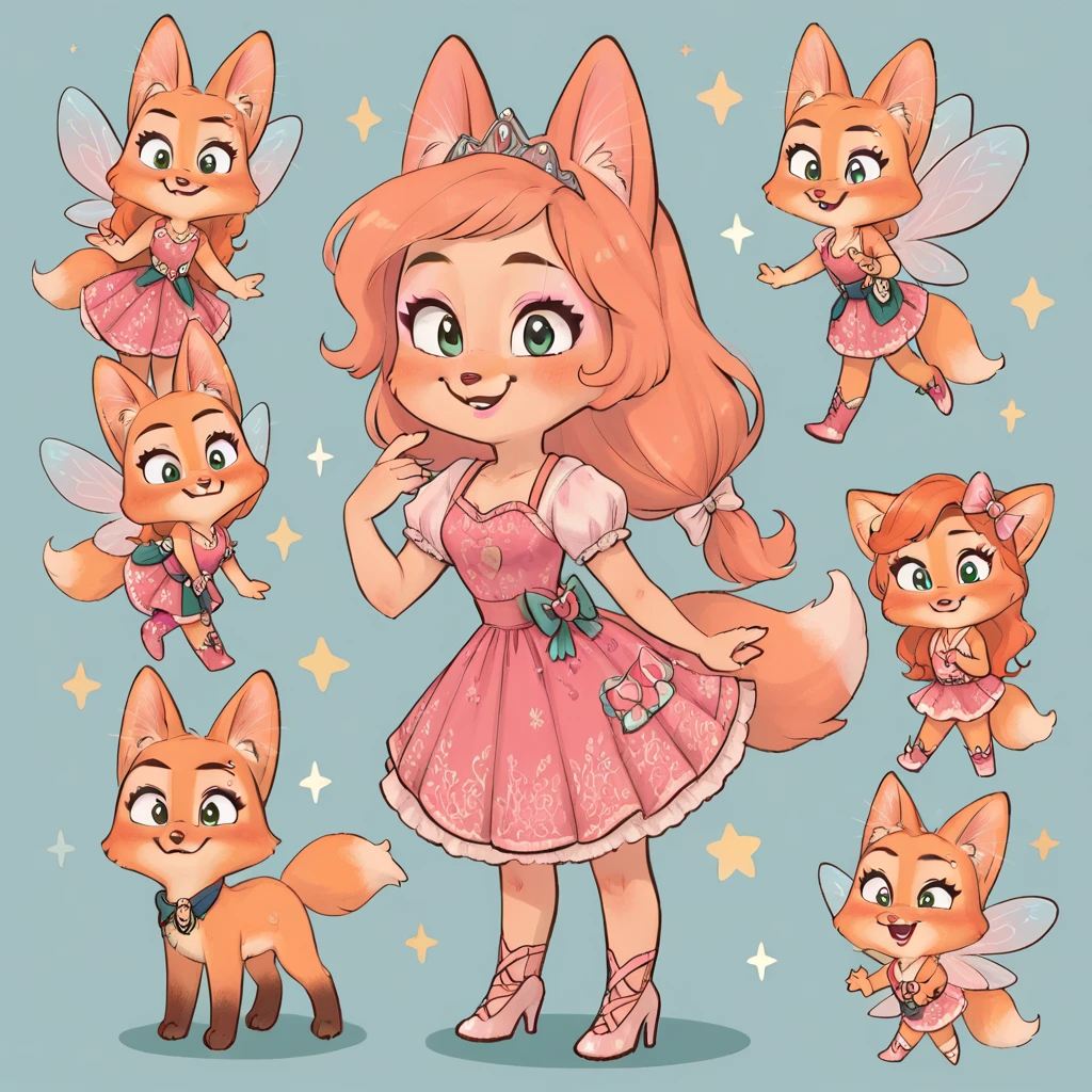 little fox, kid girl fox, little kid, ginger fur, long hair, ginger hair, dusty-pink nose, fox tail, fox ears, face similar of Diane Foxington, kid, , cute, princess dress, pink princess dress, pink dress, tiara, fairy wings, princess, chibi, alone, ginger hair, tied hair with pink hair tie, pink makeup, pink lipstick, smile, blush, cartoon, toon, chibi, cute girl
bedroom, pink bedroom, kid backroom, toys