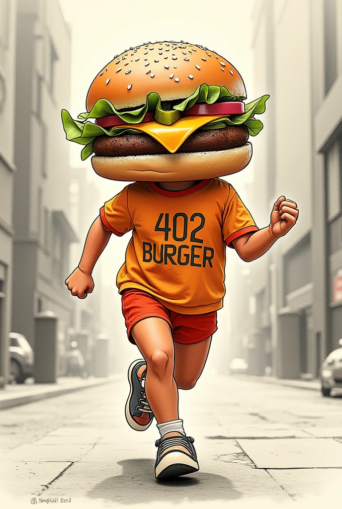 Design a doll with the ingredients of a hamburger, where the ingredients form his face and on his clothing there is a phrase that says 402 BURGER, with an urban style and orange color that is an adult and that is running drawn in pencil