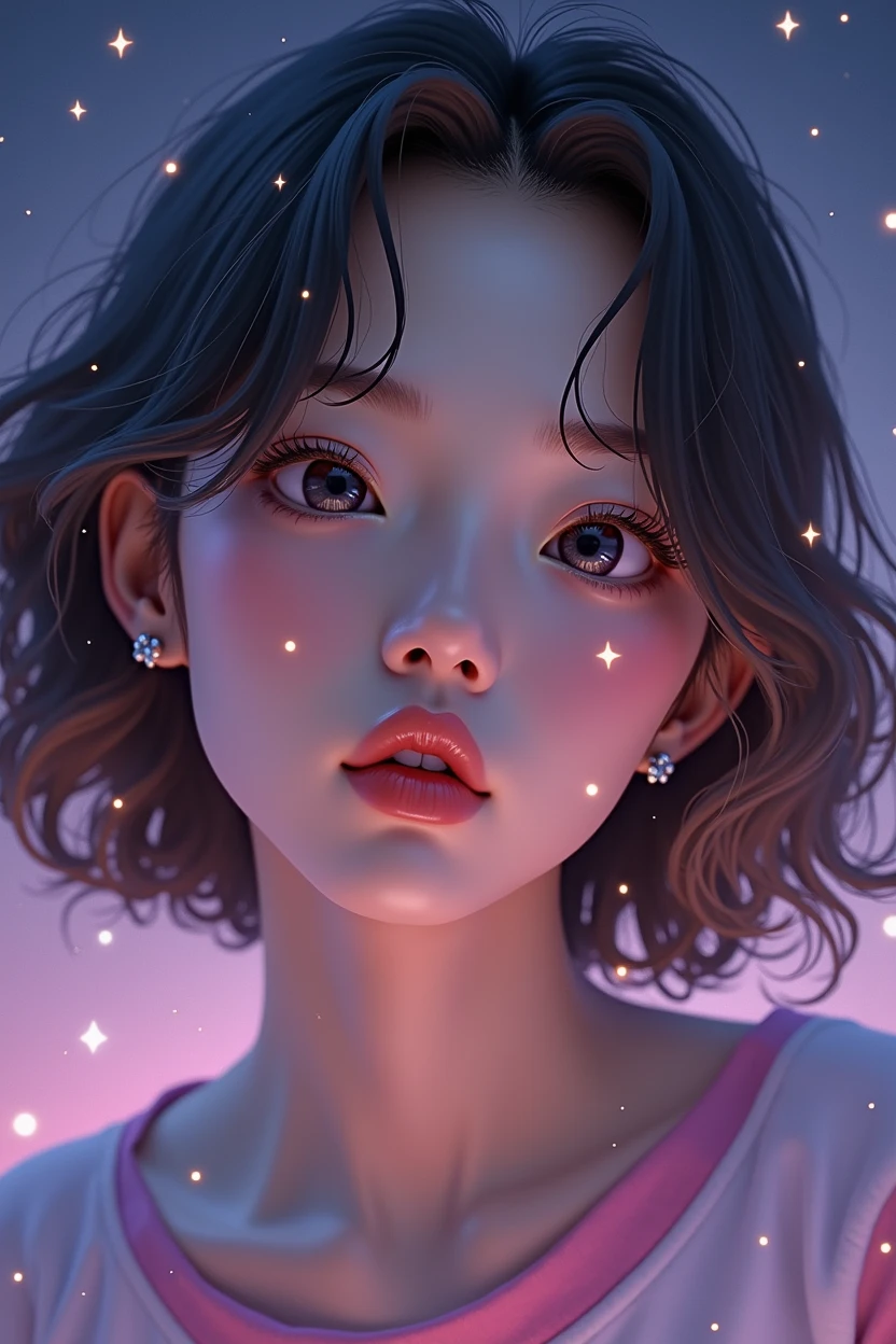 A portrait shot of A realistic young woman with korean features. with short, wavy hair colored light brown. Energetic expression. The background is pastel purple/ dark blue with stars